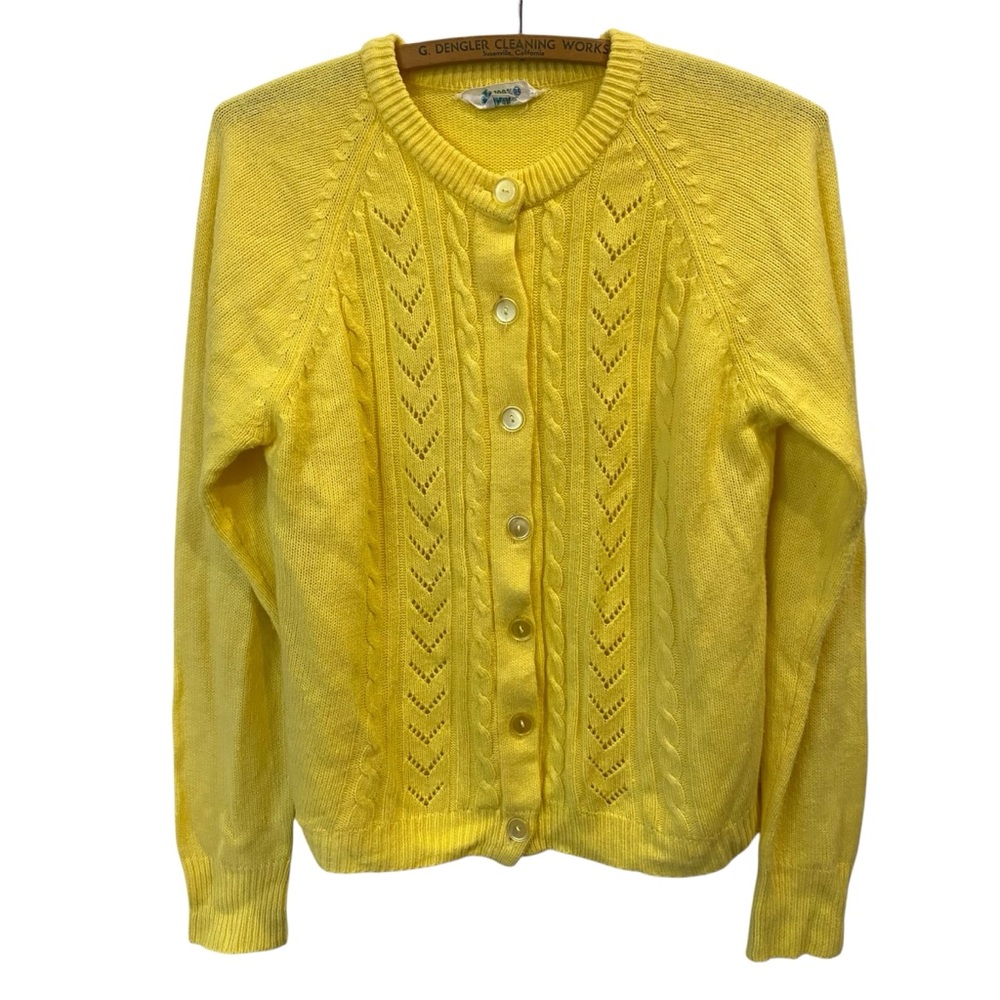 Vintage 100% Acrylic Yellow Cable Knit Cardigan Sweater